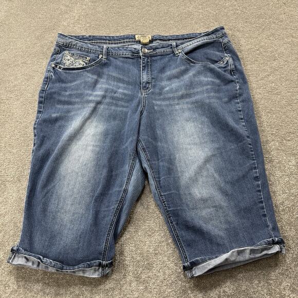 Earl Jean Womens 24W Embellished Bermuda Denim Shorts Blue Studded Pockets - Picture 1 of 12